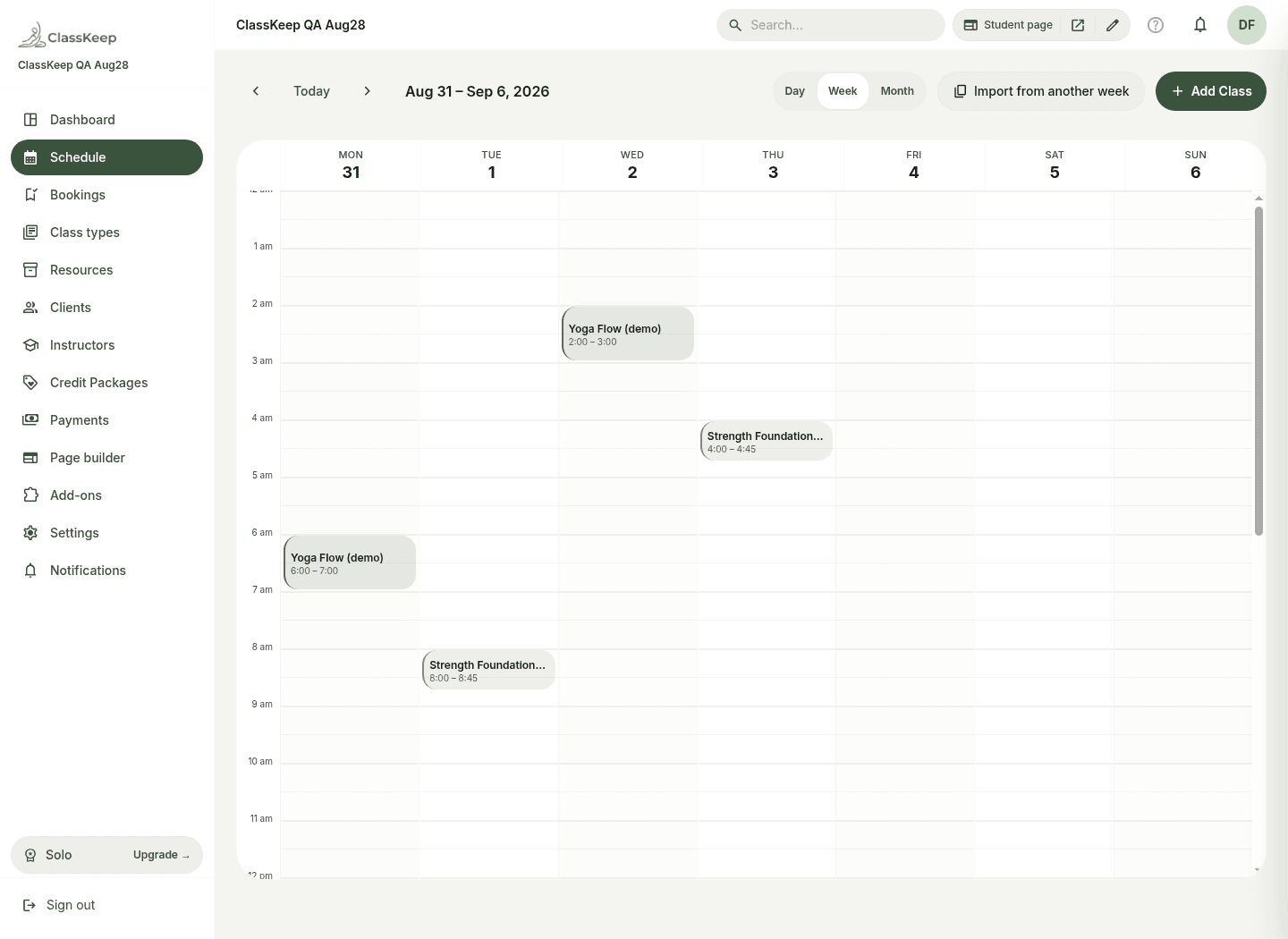 Week calendar in ClassKeep with Yoga Flow and Strength Foundations class blocks across several days.