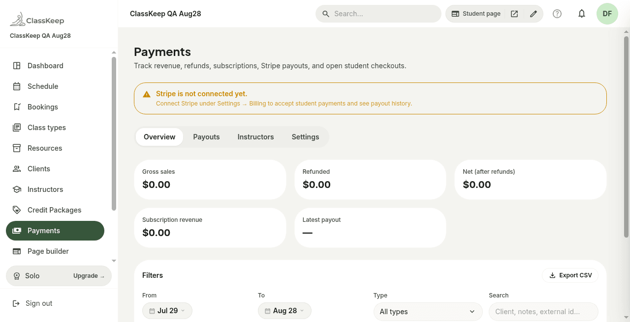 Payments dashboard in ClassKeep with gross, refunded, net, and subscription KPI cards.