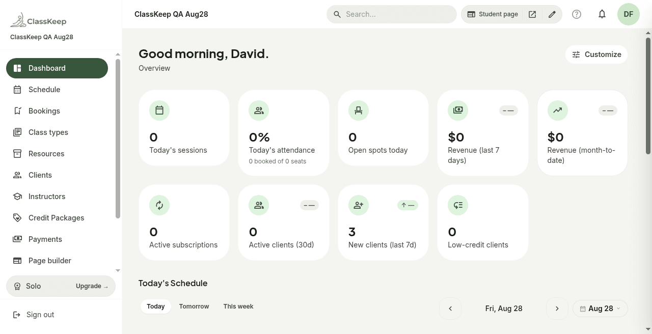 Studio dashboard overview with today’s schedule and KPI cards.